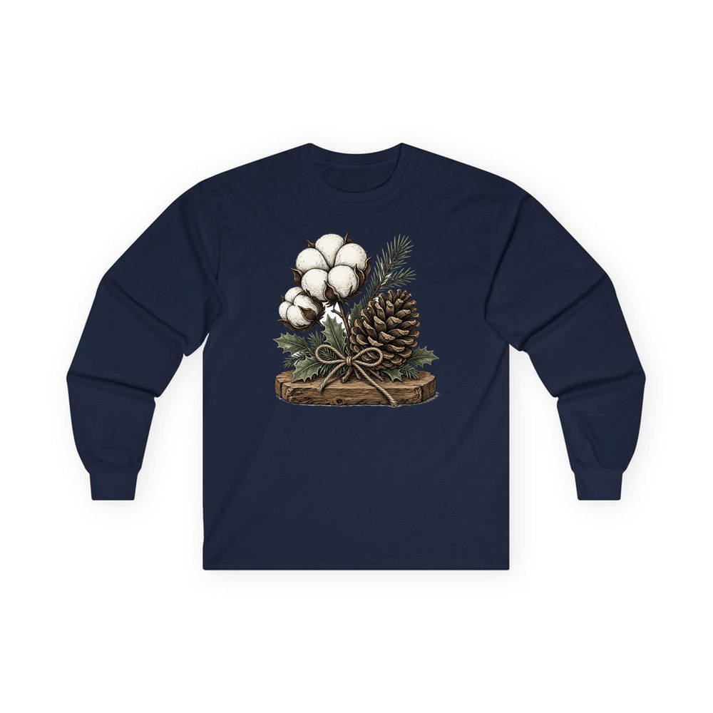 Cotton Boll And Pine Cone personalised long sleeve Christmas T-shirt in navy