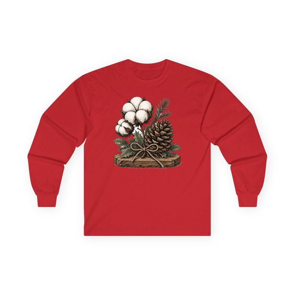 Cotton Boll And Pine Cone personalised long sleeve Christmas T-shirt in red