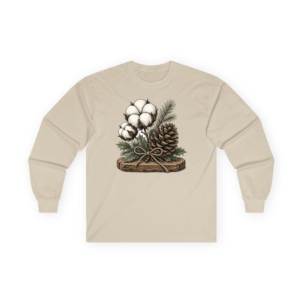 Cotton Boll And Pine Cone personalised long sleeve Christmas T-shirt in sand