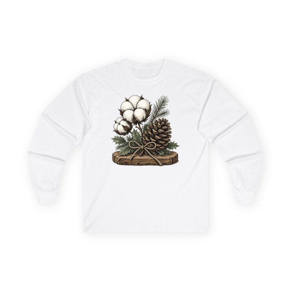 Cotton Boll And Pine Cone personalised long sleeve Christmas T-shirt in white