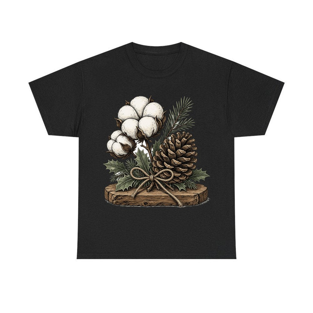 Cotton Boll And Pine Cone personalised Christmas T-shirt in black