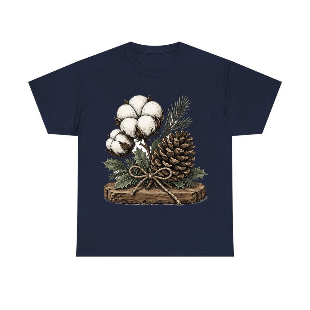 Cotton Boll And Pine Cone personalised Christmas T-shirt in navy