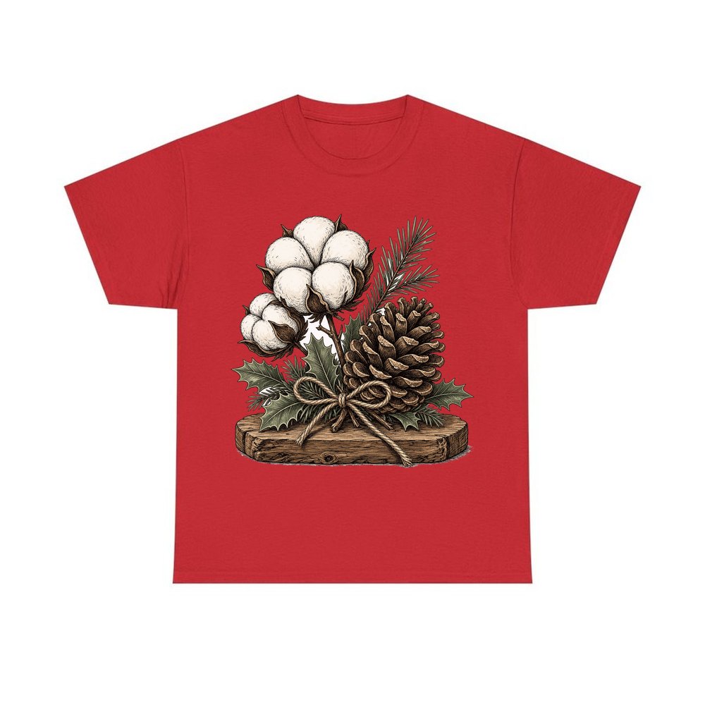 Cotton Boll And Pine Cone personalised Christmas T-shirt in red