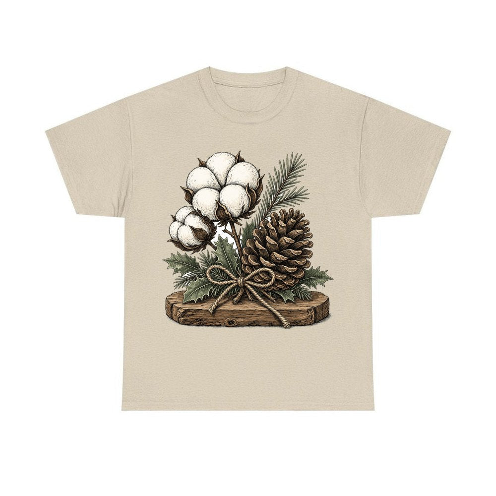 Cotton Boll And Pine Cone personalised Christmas T-shirt in sand