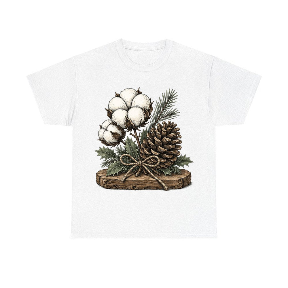 Cotton Boll And Pine Cone personalised Christmas T-shirt in white