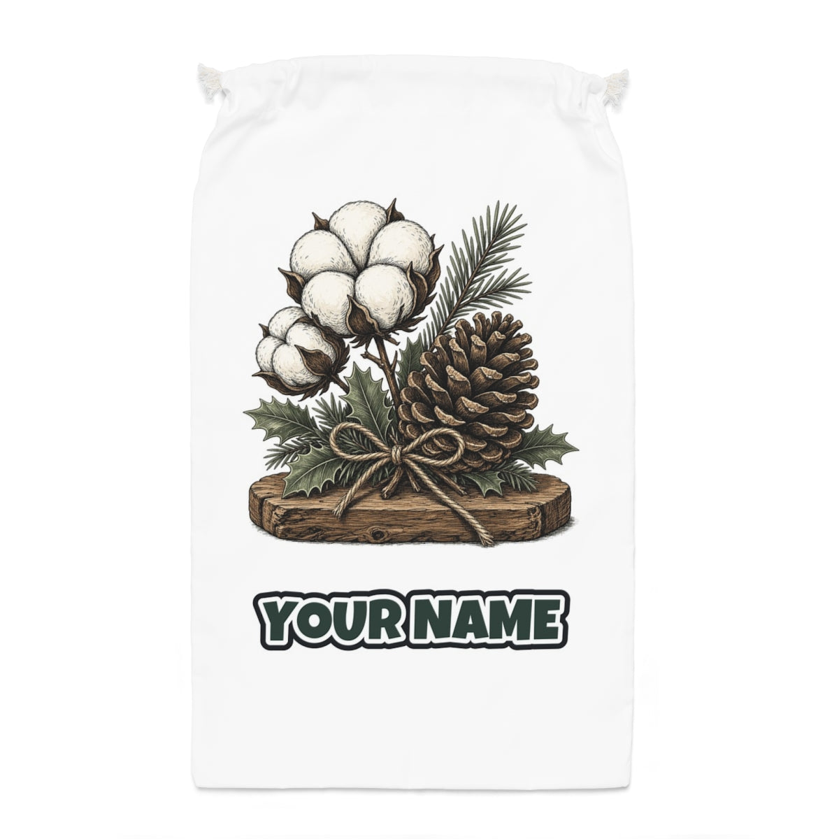 Cotton Boll And Pine Cone Santa sack laid flat, showing the full print