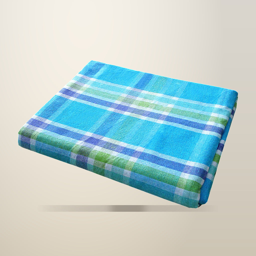 Cotton Plaid Checks Oblong Tablecloth, Blue, 130 x 180 cm, on a plain cream background