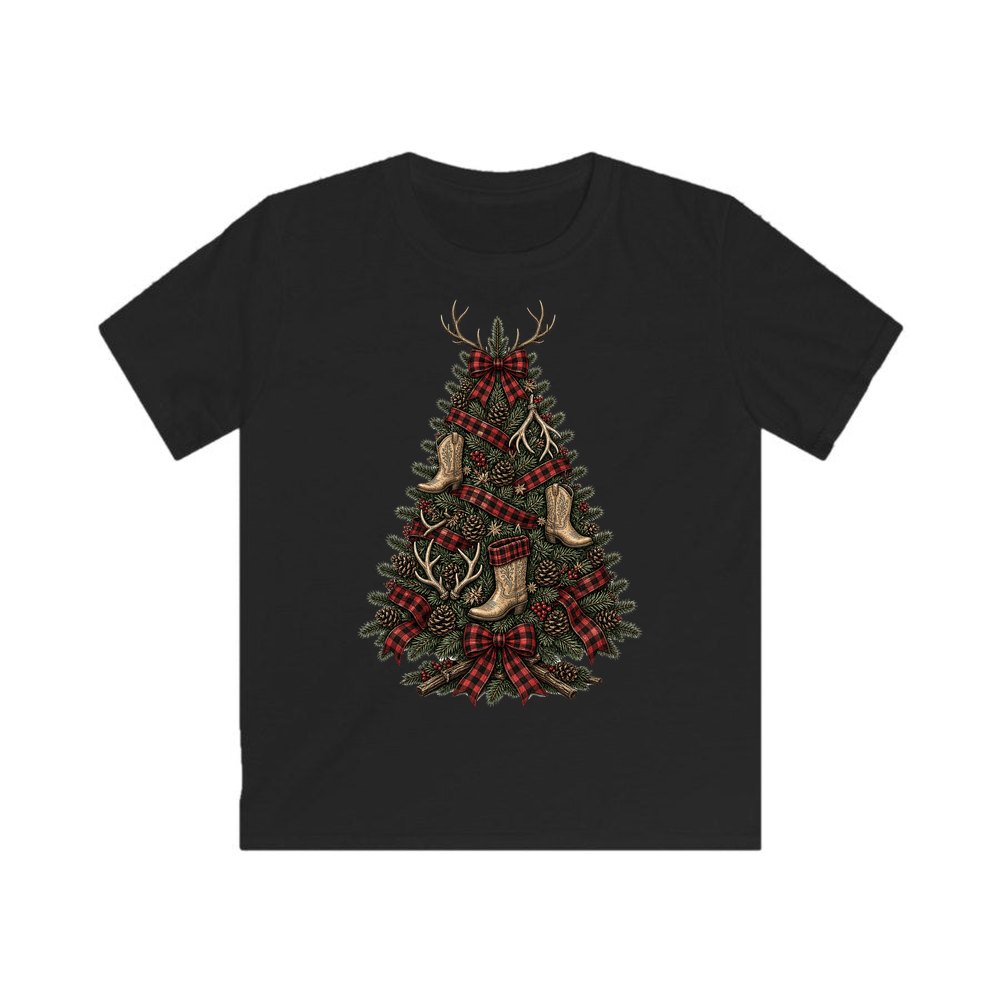 Cowboy Boot Christmas Tree personalised kids Christmas tee in black