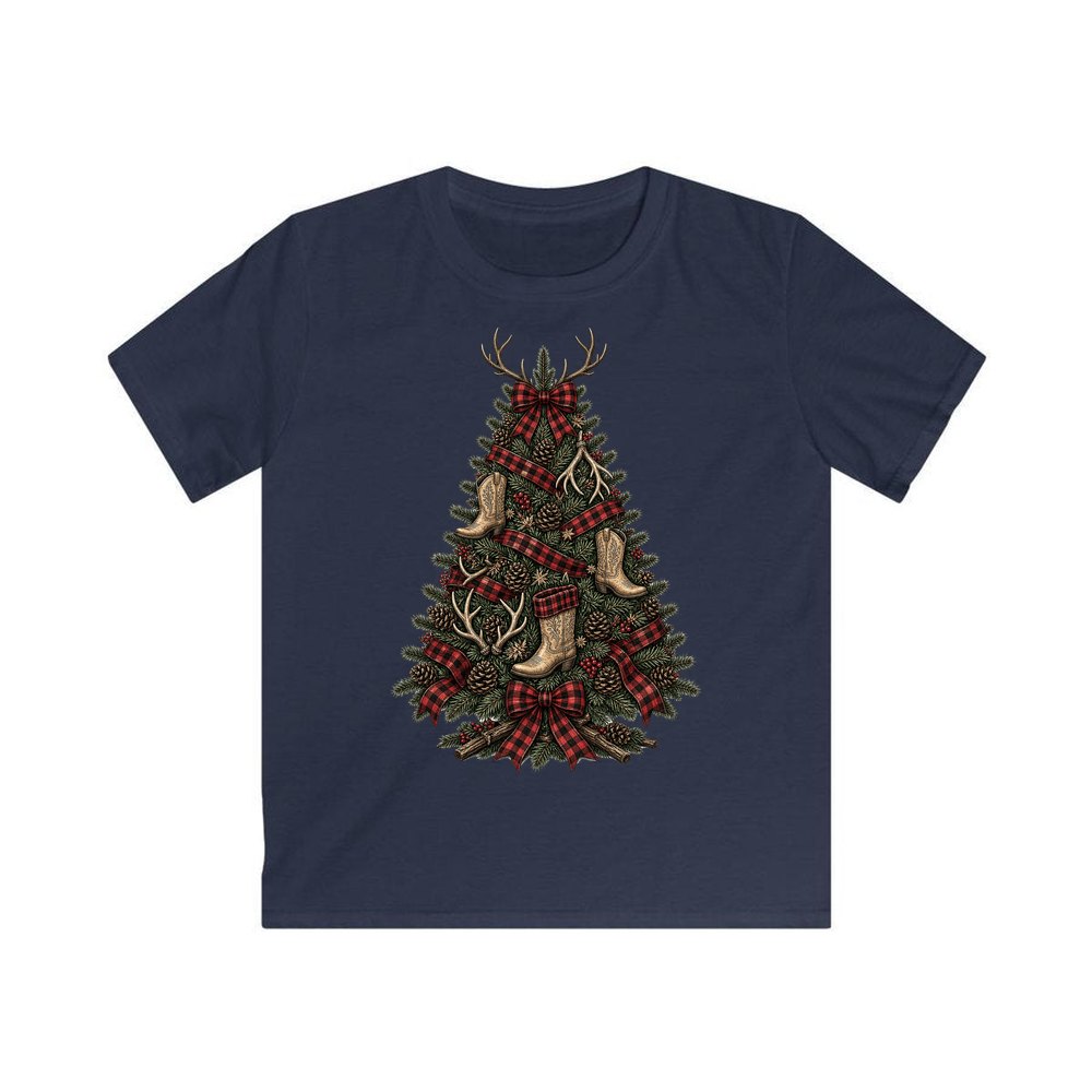 Cowboy Boot Christmas Tree personalised kids Christmas tee in navy