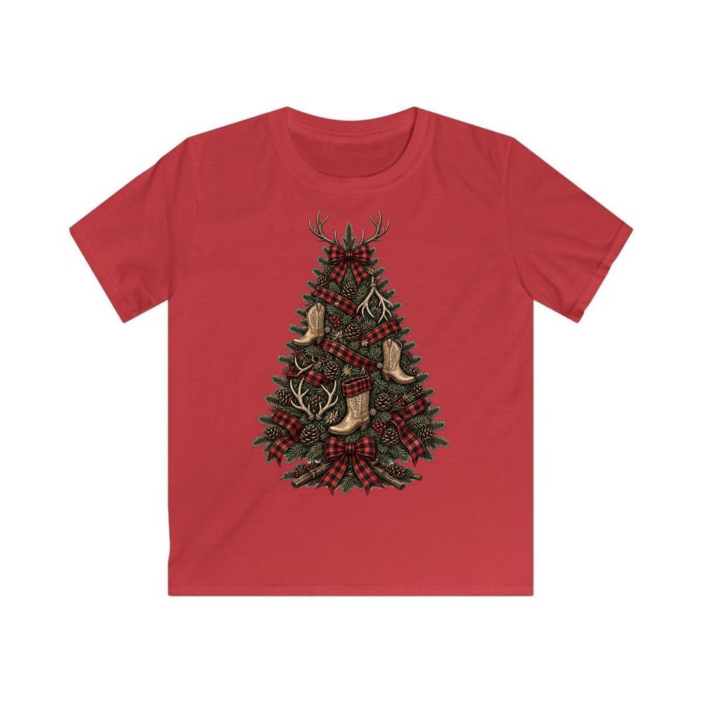 Cowboy Boot Christmas Tree personalised kids Christmas tee in red