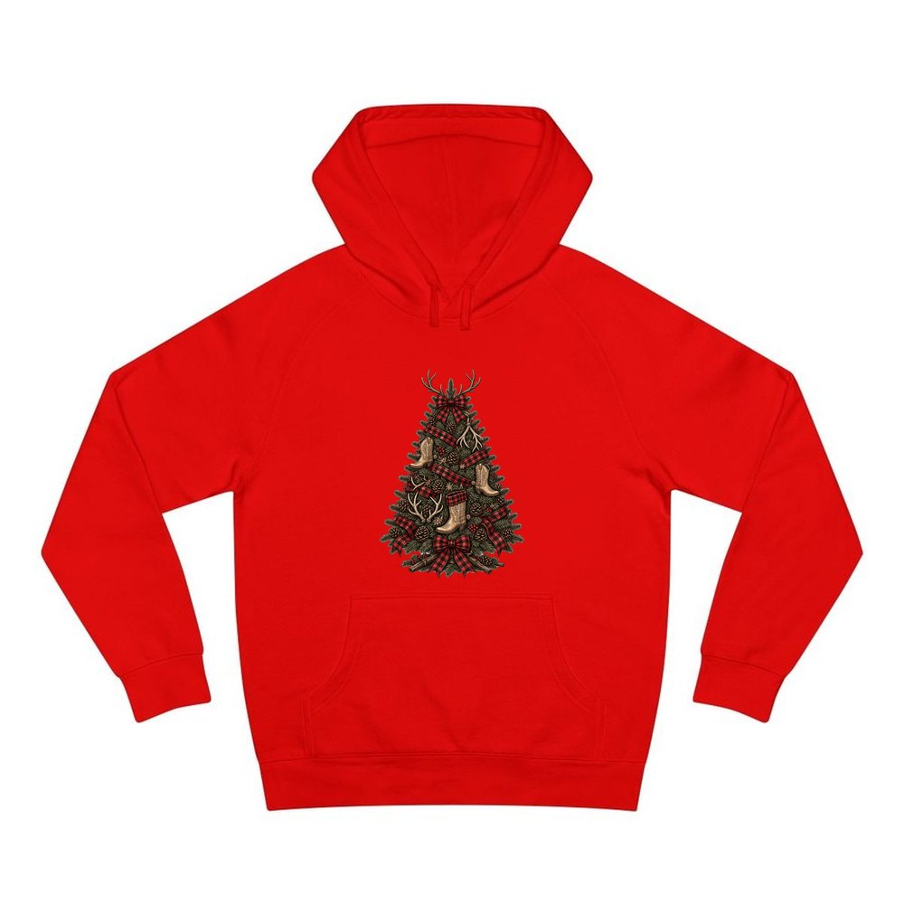 Cowboy Boot Christmas Tree personalised Christmas hoodie in red