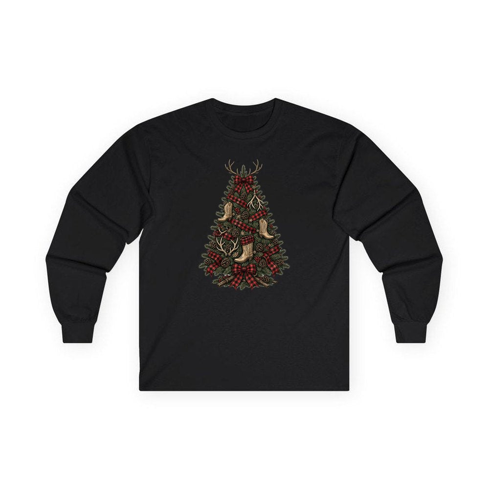 Cowboy Boot Christmas Tree personalised long sleeve Christmas T-shirt in black