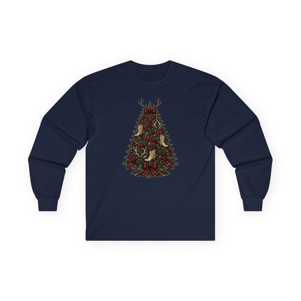 Cowboy Boot Christmas Tree personalised long sleeve Christmas T-shirt in navy