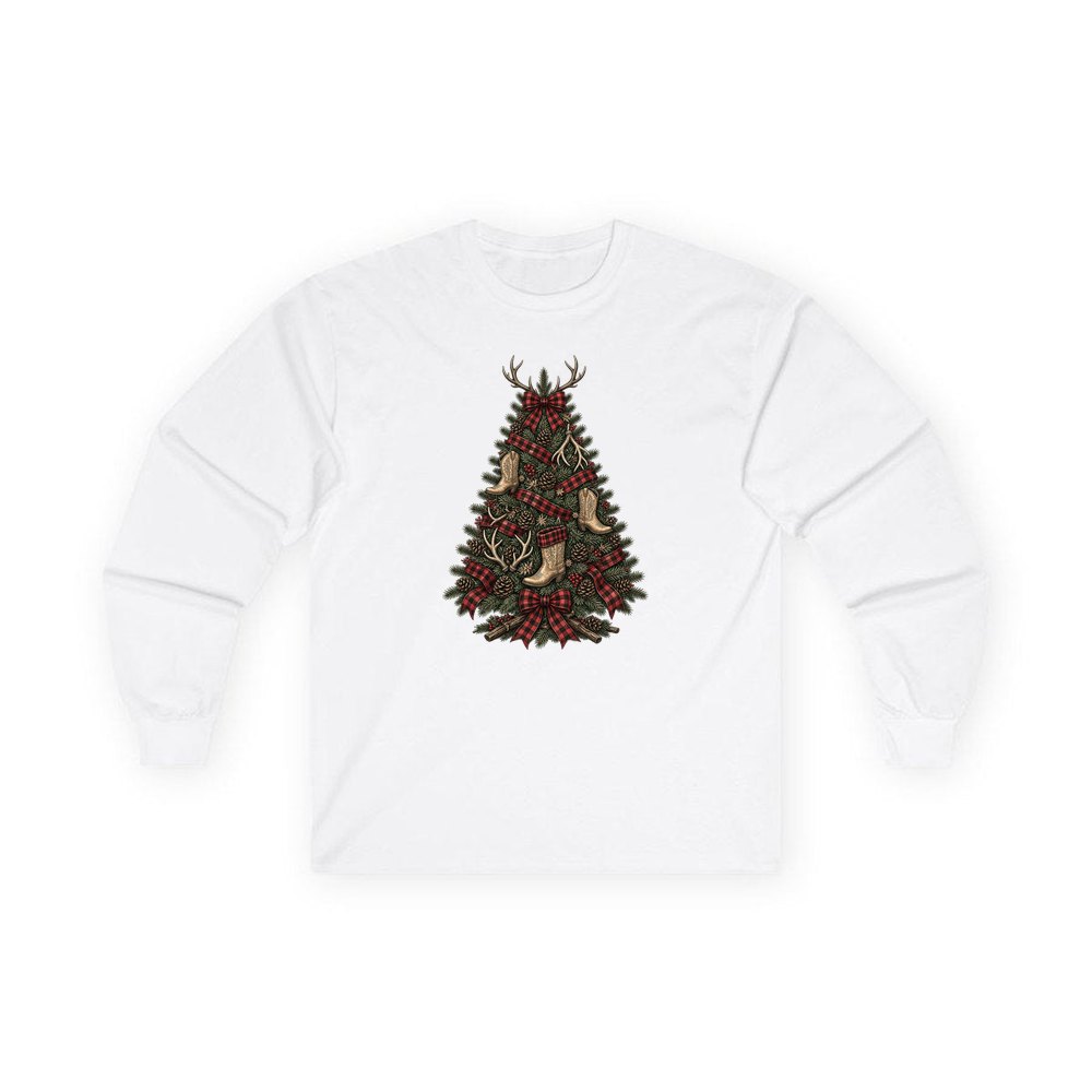 Cowboy Boot Christmas Tree personalised long sleeve Christmas T-shirt in white