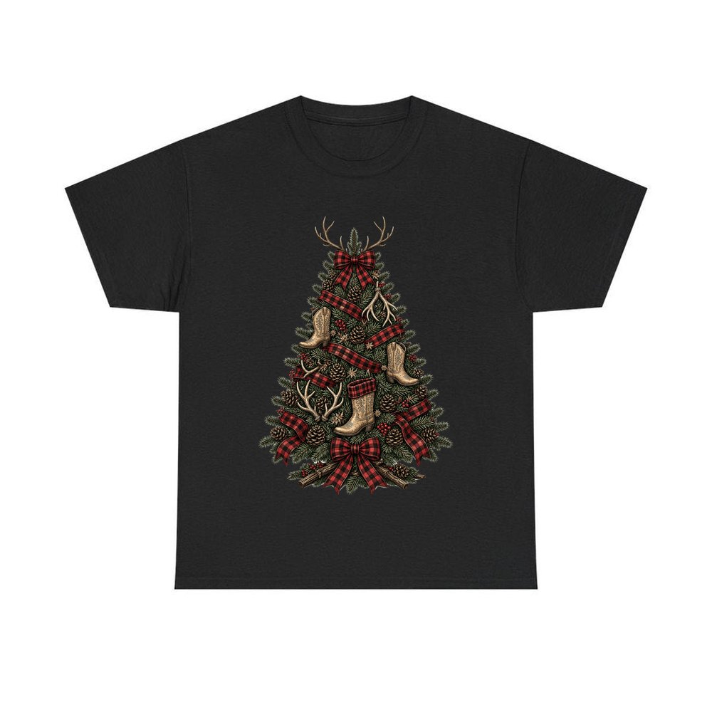 Cowboy Boot Christmas Tree personalised Christmas T-shirt in black
