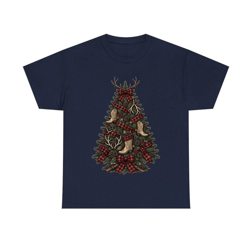 Cowboy Boot Christmas Tree personalised Christmas T-shirt in navy