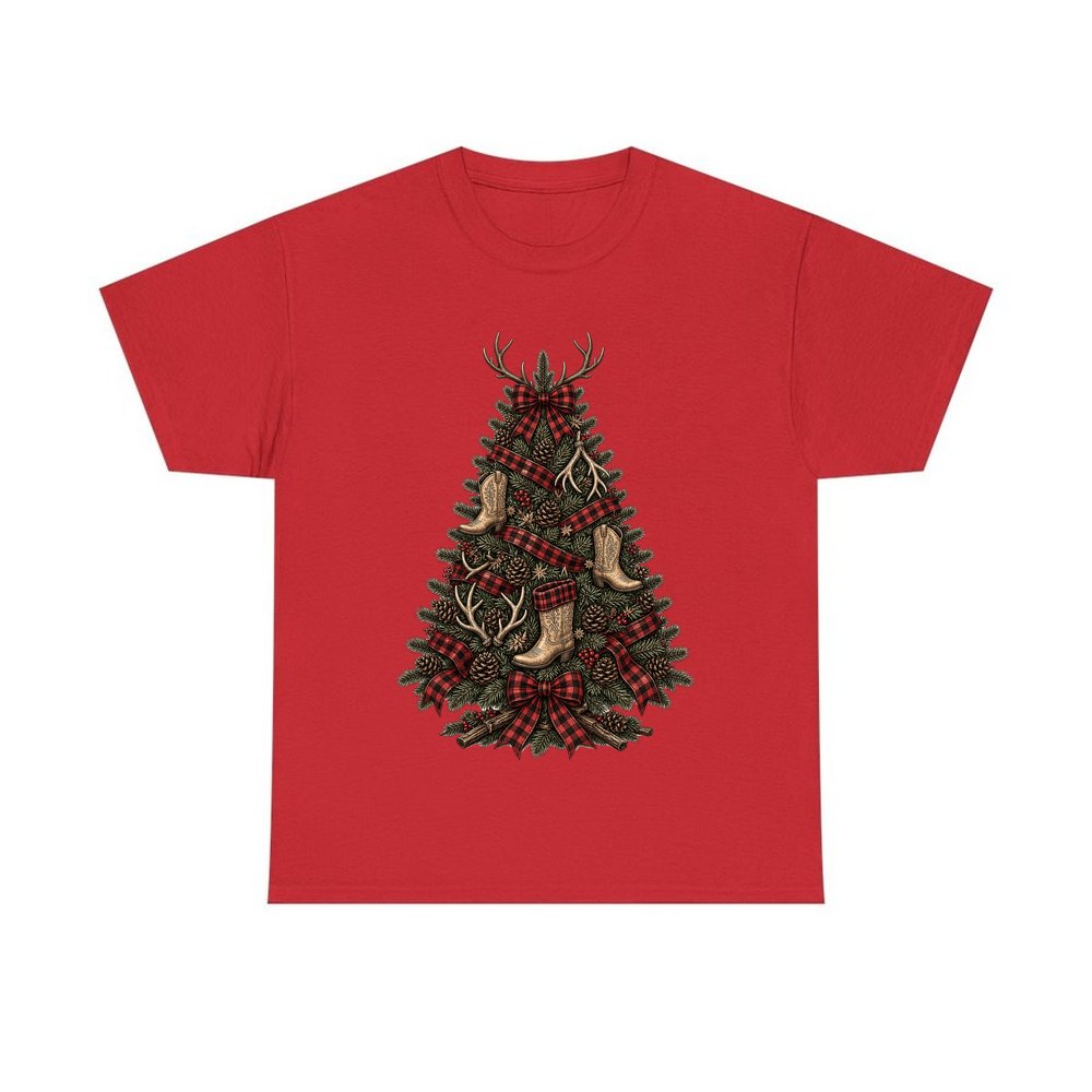Cowboy Boot Christmas Tree personalised Christmas T-shirt in red