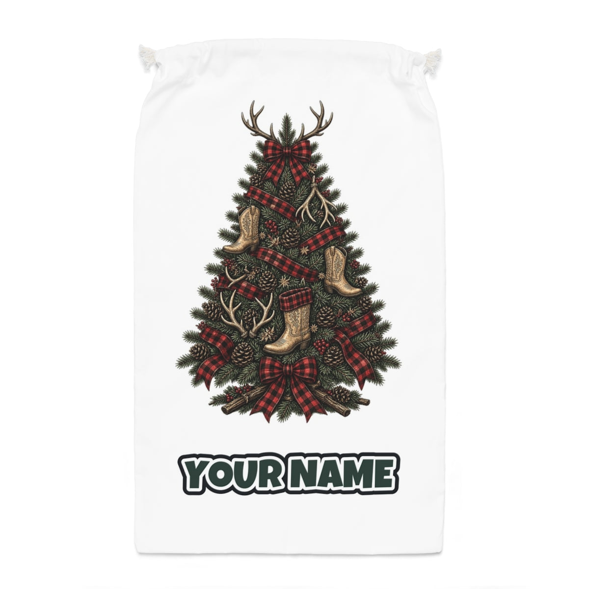 Cowboy Boot Christmas Tree Santa sack laid flat, showing the full print