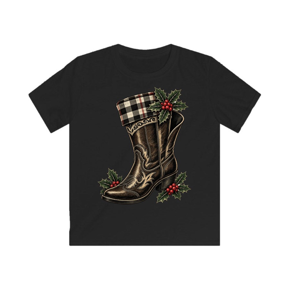 Cowboy Boot With Holly personalised kids Christmas tee in black