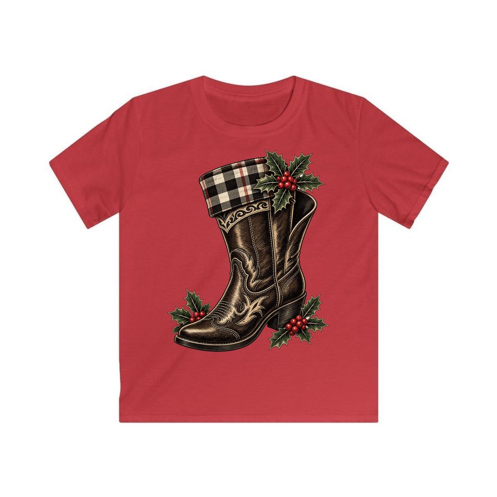 Cowboy Boot With Holly personalised kids Christmas tee in red