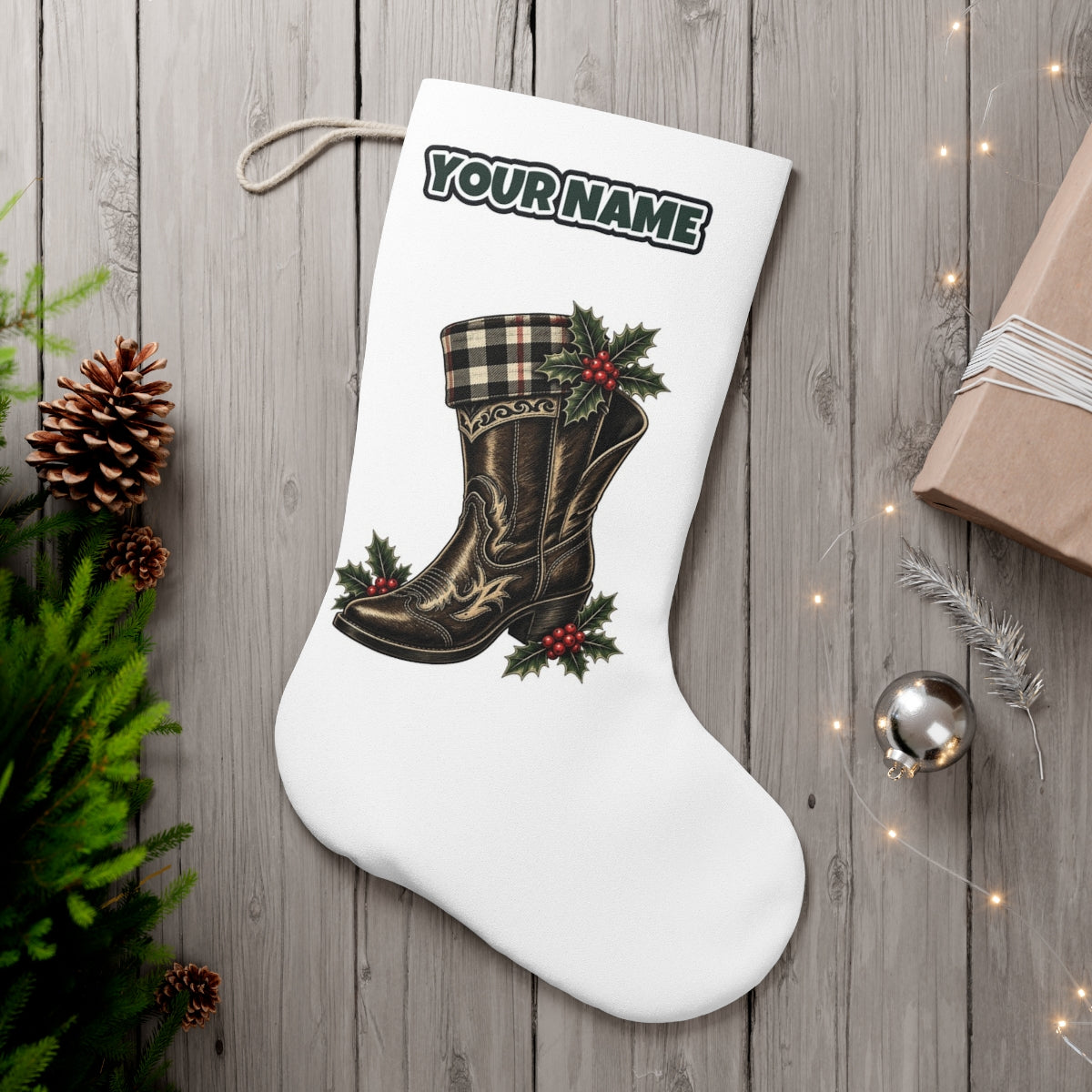 Cowboy Boot With Holly personalised Christmas stocking, white, with the name across the top