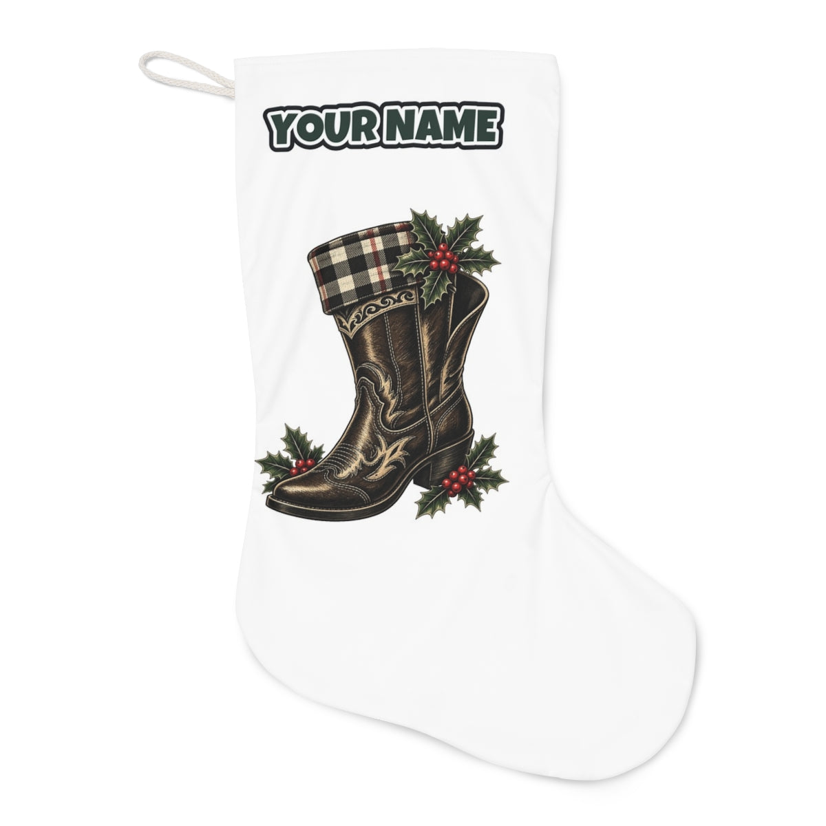 Cowboy Boot With Holly Christmas stocking laid flat, showing the full print
