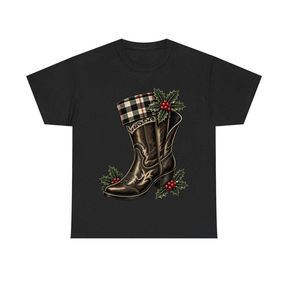 Cowboy Boot With Holly personalised Christmas T-shirt in black