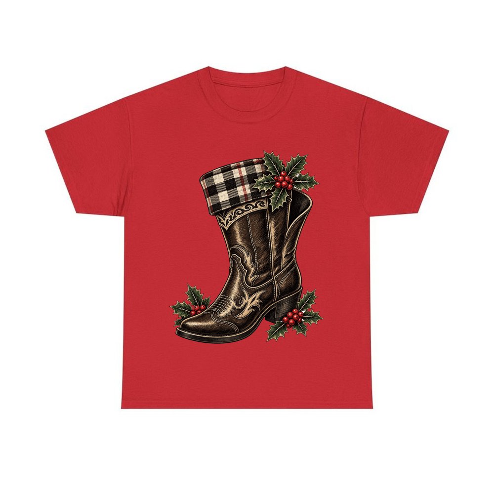 Cowboy Boot With Holly personalised Christmas T-shirt in red