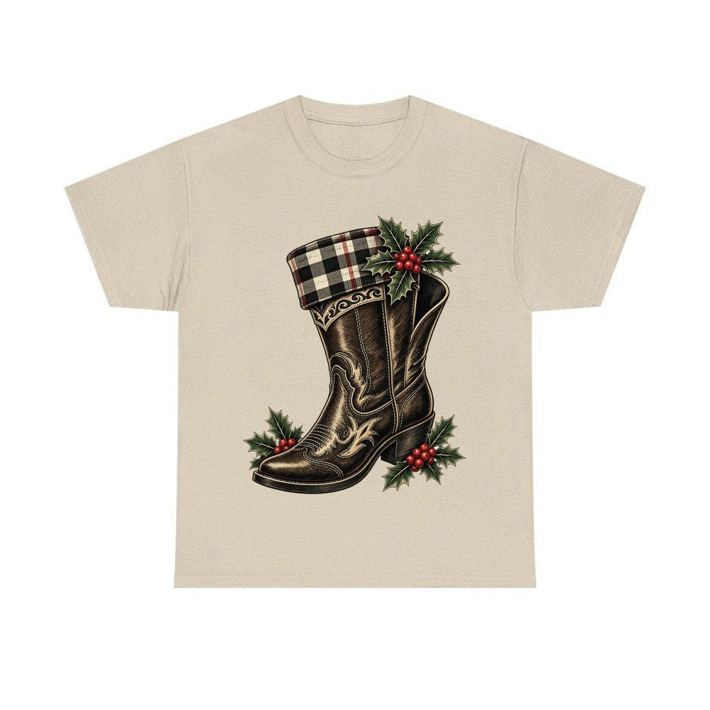Cowboy Boot With Holly personalised Christmas T-shirt in sand