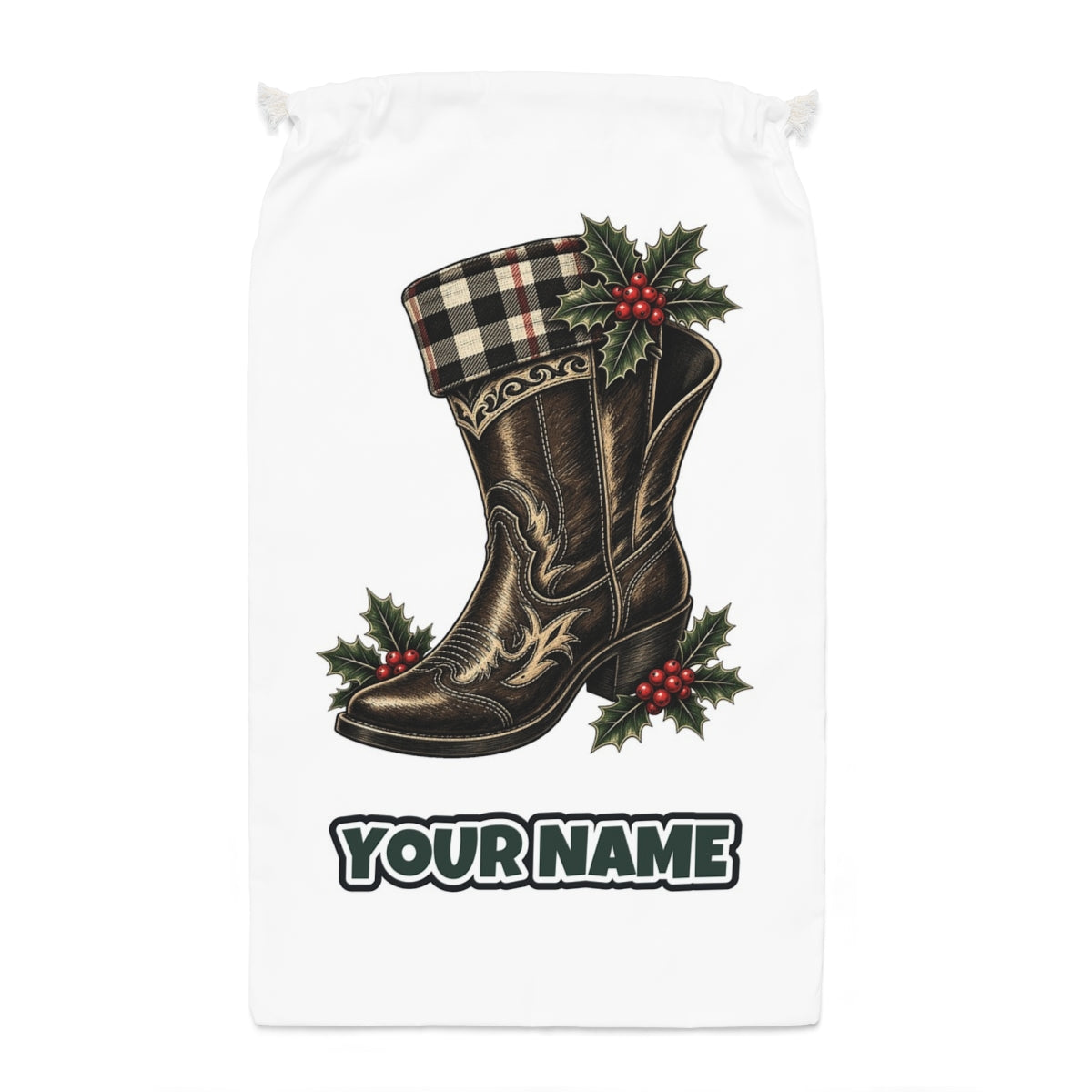 Cowboy Boot With Holly Santa sack laid flat, showing the full print