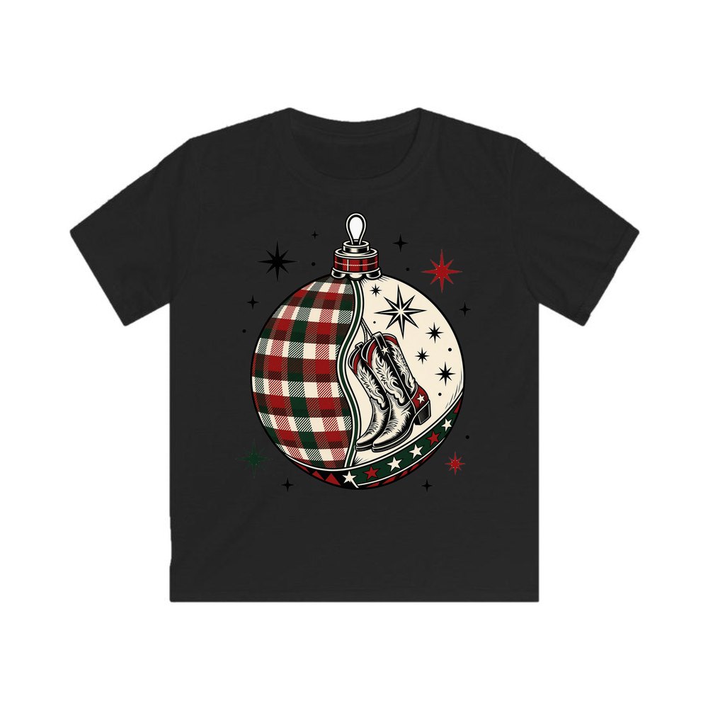 Cowboy Boots Tartan Bauble personalised kids Christmas tee in black
