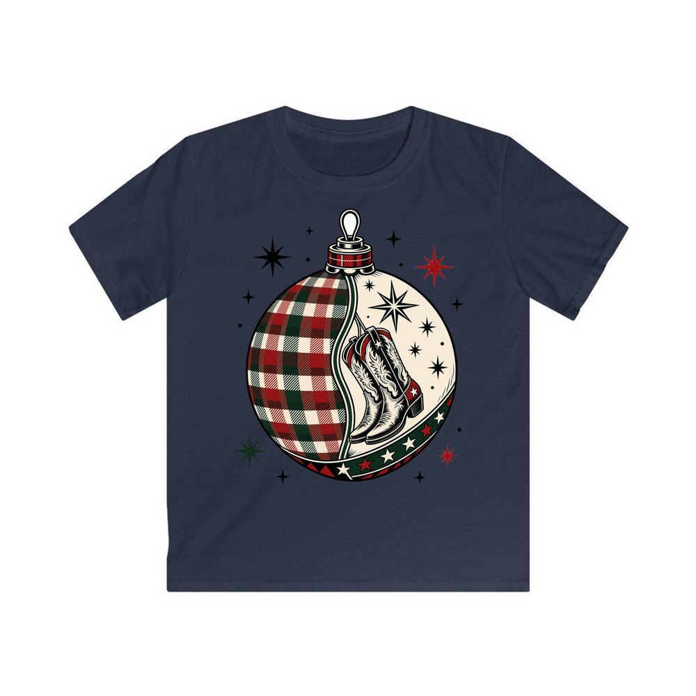 Cowboy Boots Tartan Bauble personalised kids Christmas tee in navy