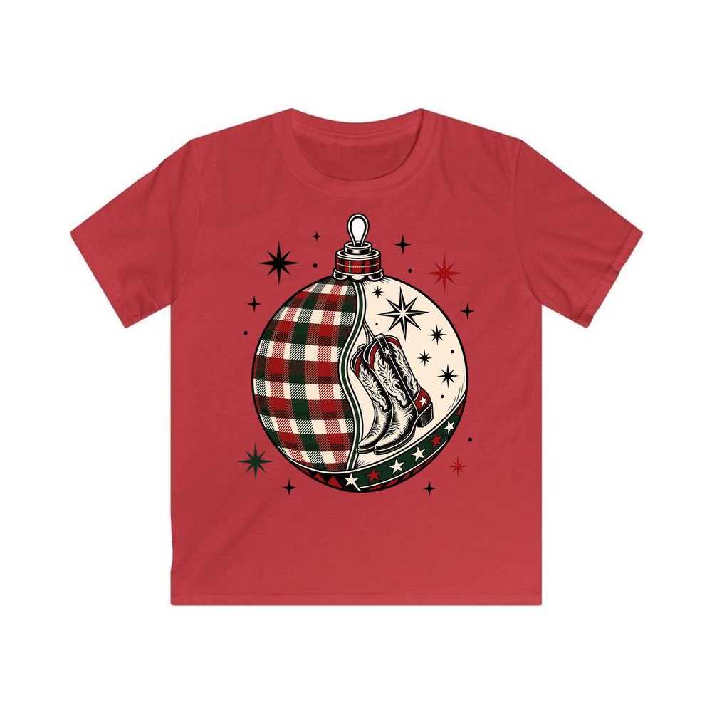 Cowboy Boots Tartan Bauble personalised kids Christmas tee in red