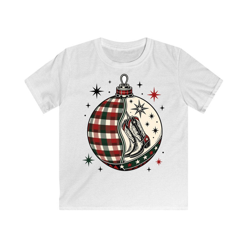 Cowboy Boots Tartan Bauble personalised kids Christmas tee in white