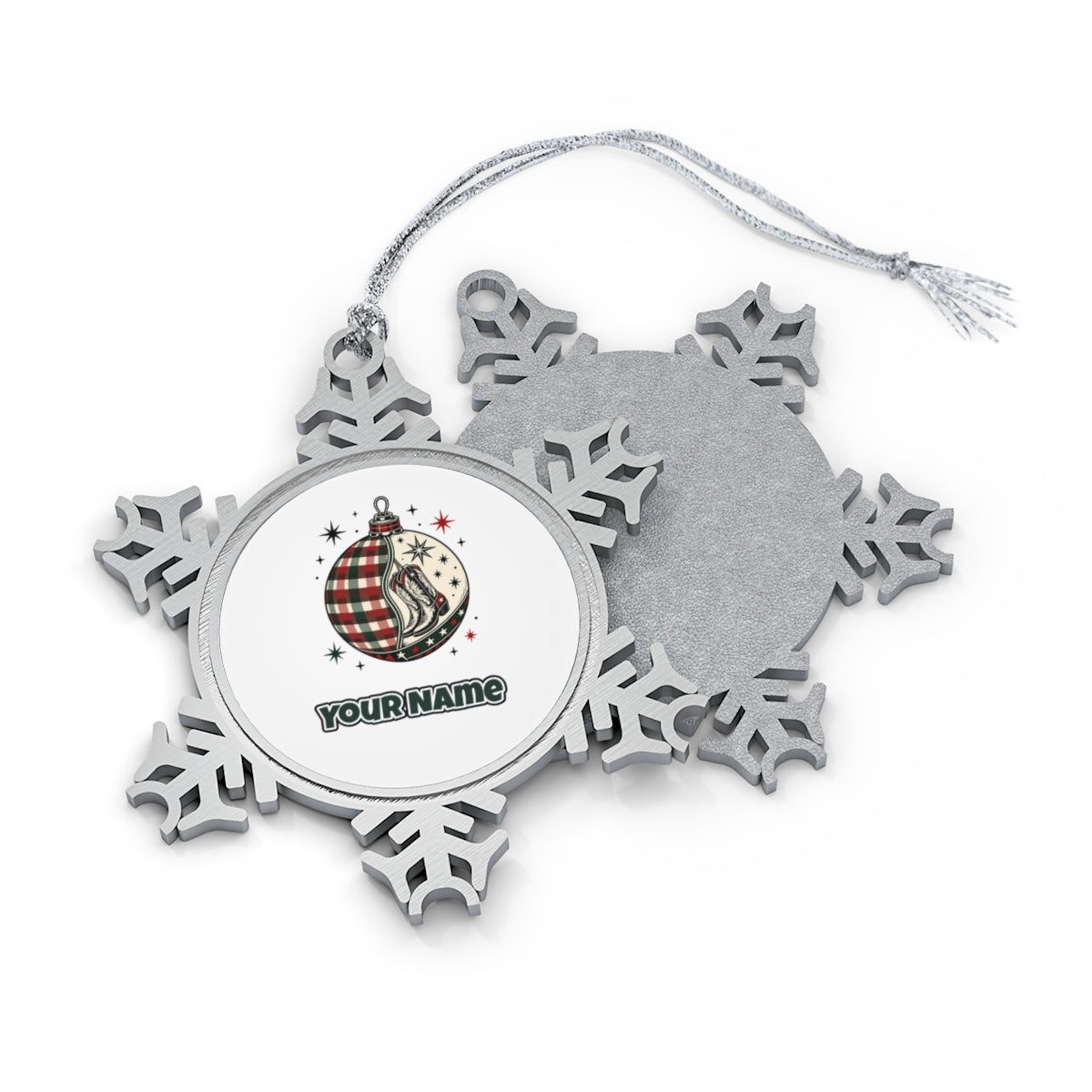 Cowboy Boots Tartan Bauble Personalised Pewter Christmas Ornament