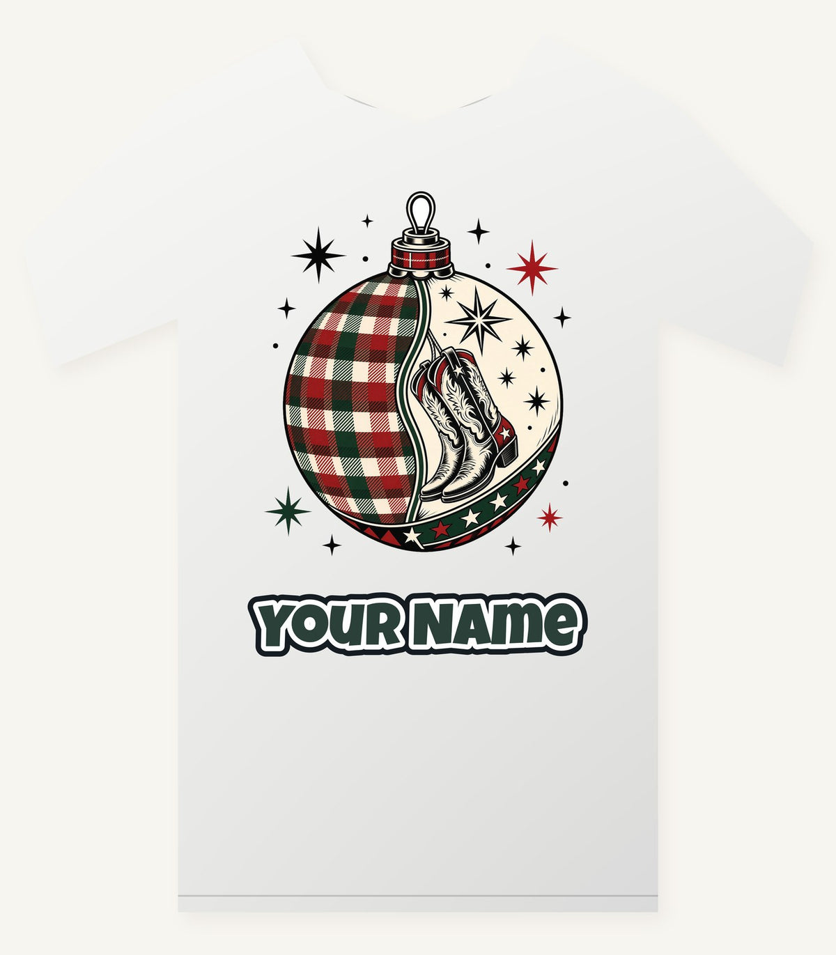 Cowboy Boots Tartan Bauble Personalised Christmas T-Shirt and Hoodie