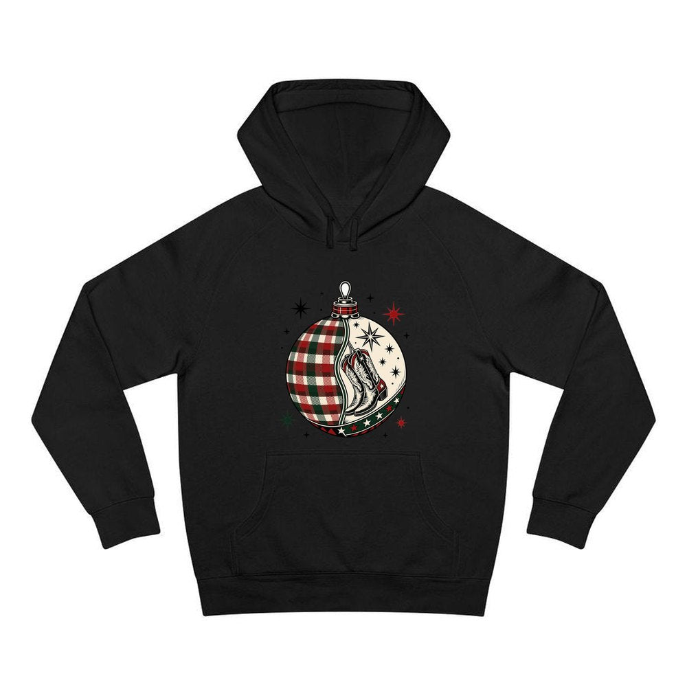 Cowboy Boots Tartan Bauble personalised Christmas hoodie in black