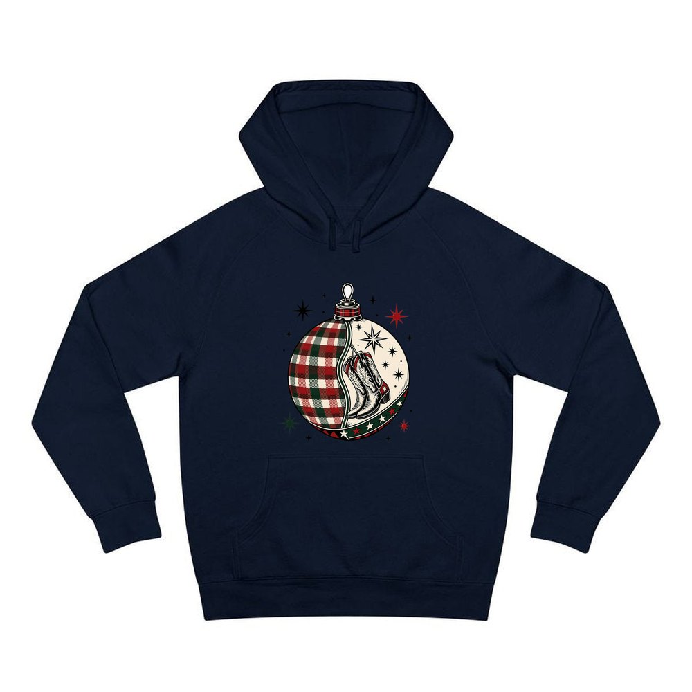 Cowboy Boots Tartan Bauble personalised Christmas hoodie in navy
