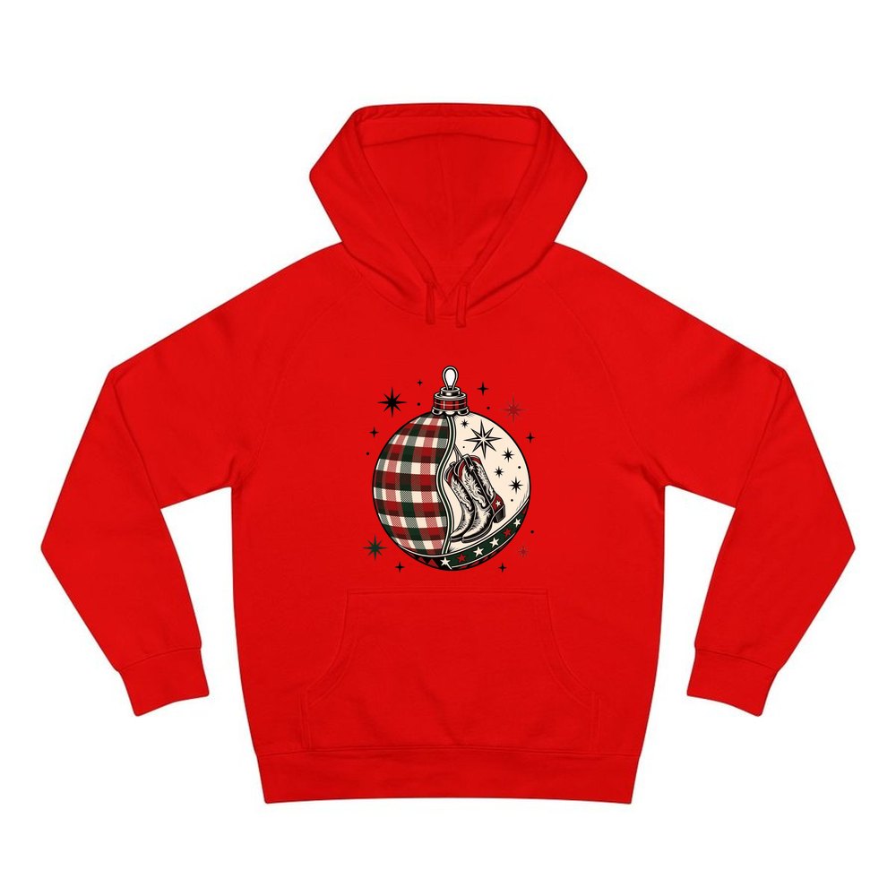 Cowboy Boots Tartan Bauble personalised Christmas hoodie in red