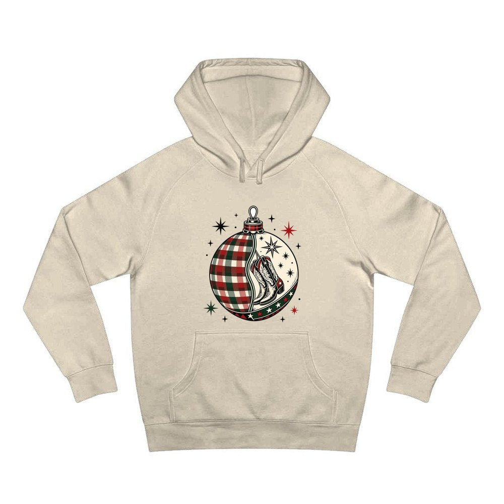 Cowboy Boots Tartan Bauble personalised Christmas hoodie in sand