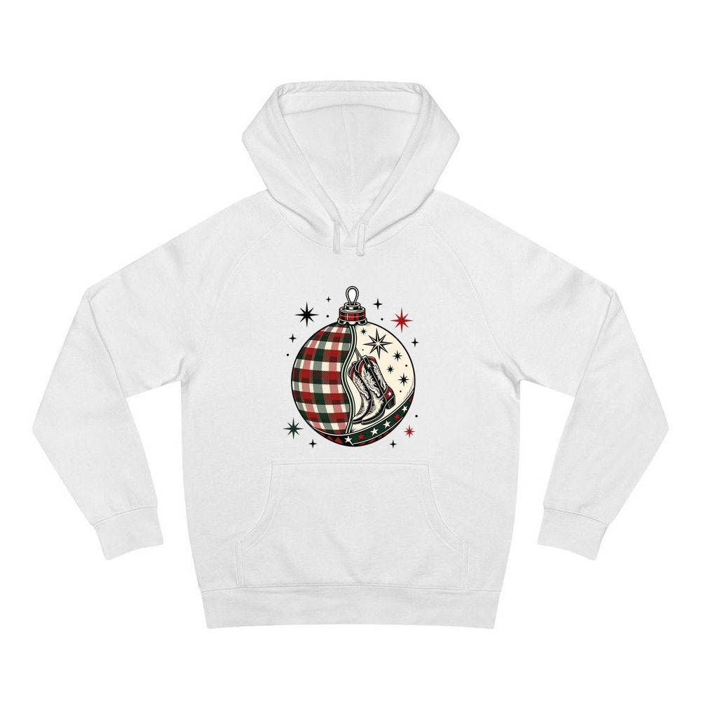 Cowboy Boots Tartan Bauble personalised Christmas hoodie in white
