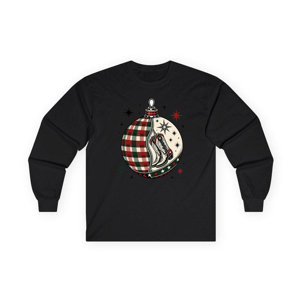 Cowboy Boots Tartan Bauble personalised long sleeve Christmas T-shirt in black