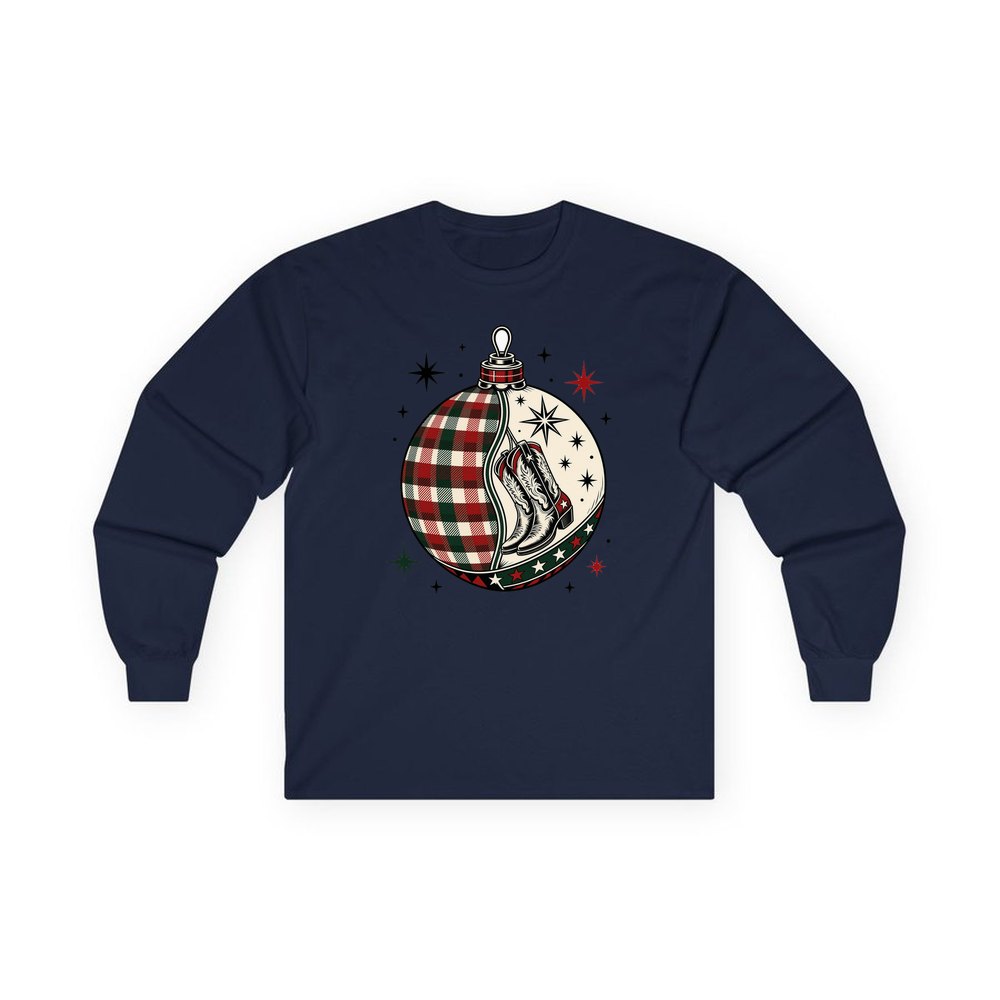Cowboy Boots Tartan Bauble personalised long sleeve Christmas T-shirt in navy