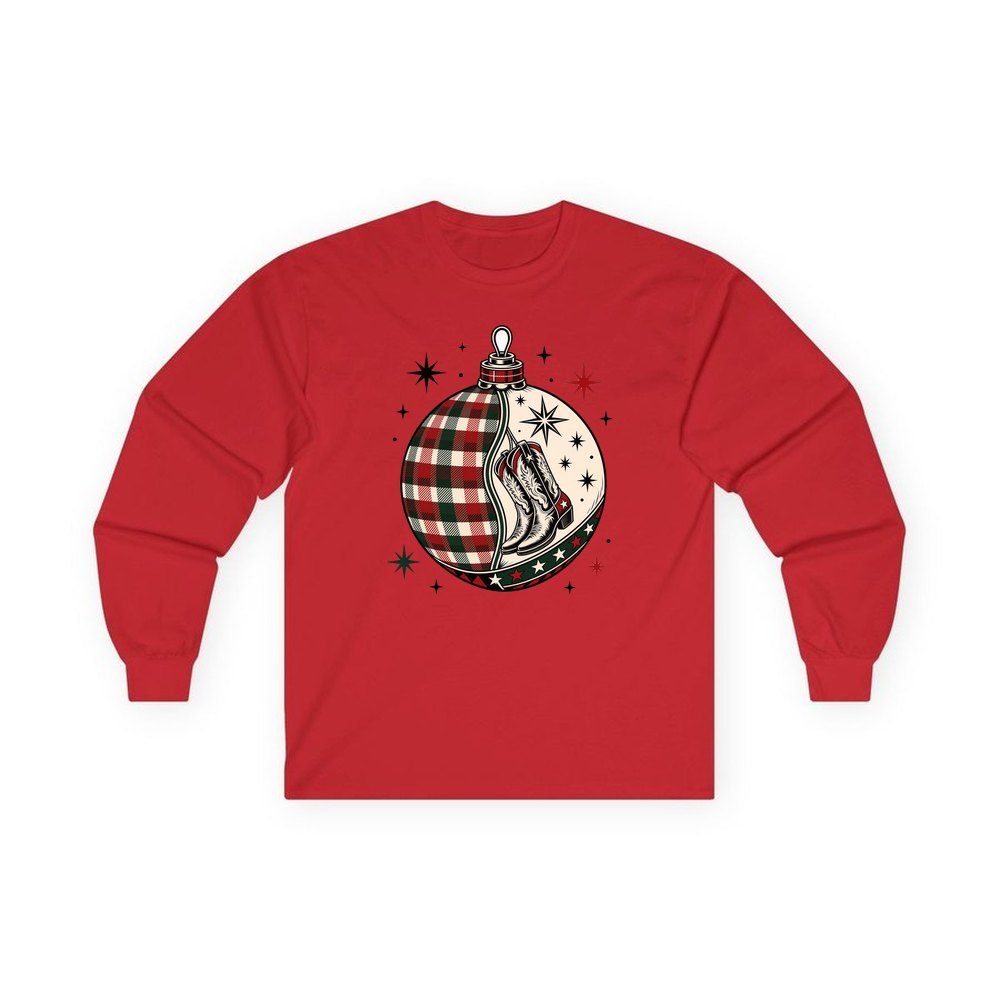 Cowboy Boots Tartan Bauble personalised long sleeve Christmas T-shirt in red