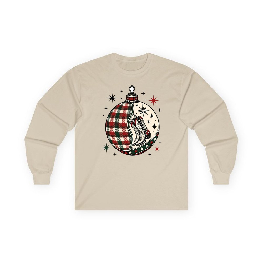 Cowboy Boots Tartan Bauble personalised long sleeve Christmas T-shirt in sand