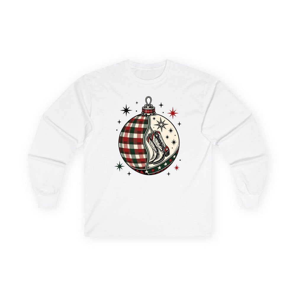 Cowboy Boots Tartan Bauble personalised long sleeve Christmas T-shirt in white