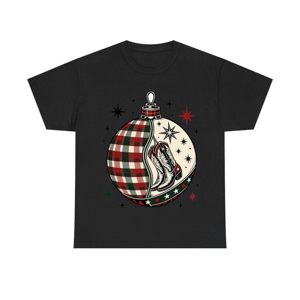 Cowboy Boots Tartan Bauble personalised Christmas T-shirt in black