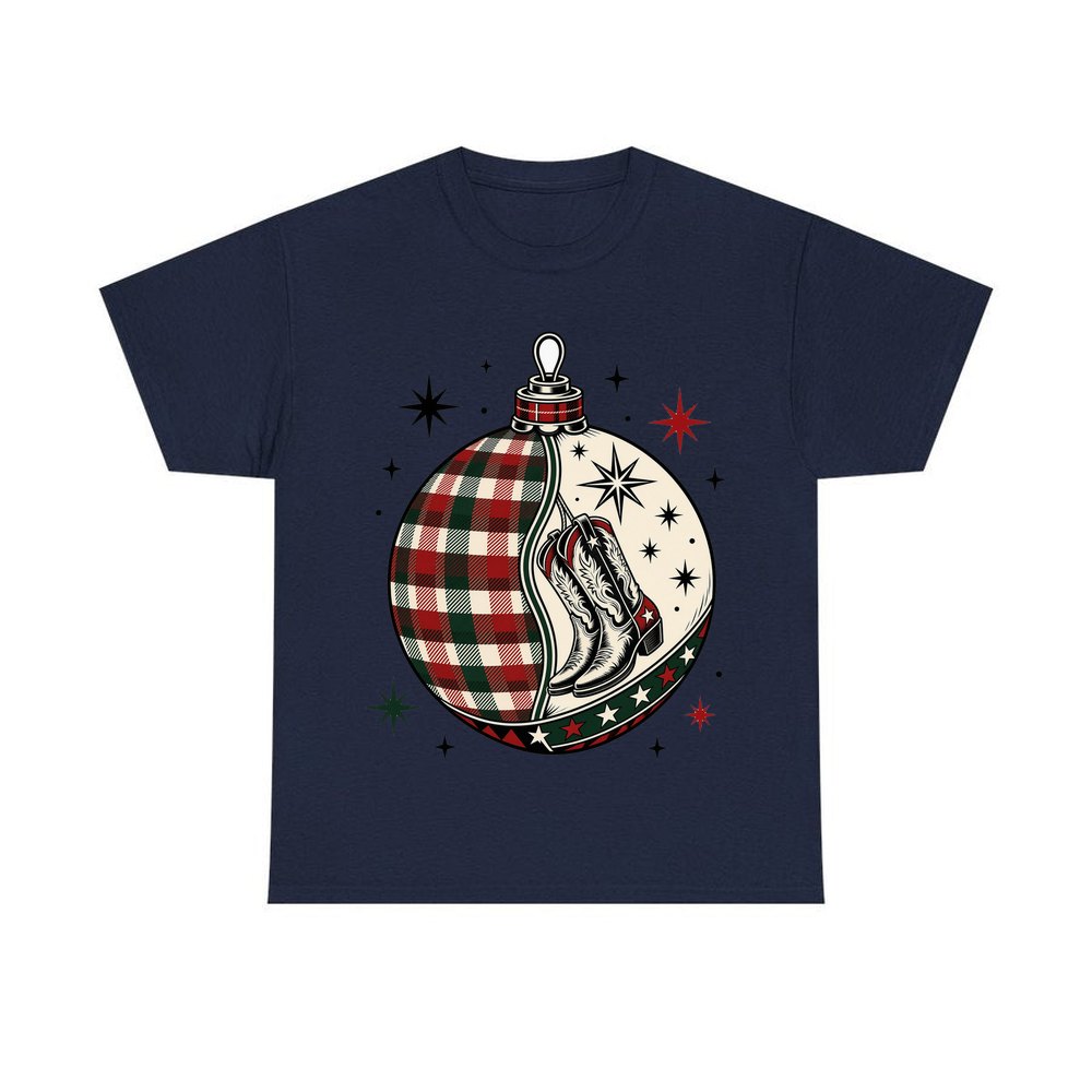 Cowboy Boots Tartan Bauble personalised Christmas T-shirt in navy