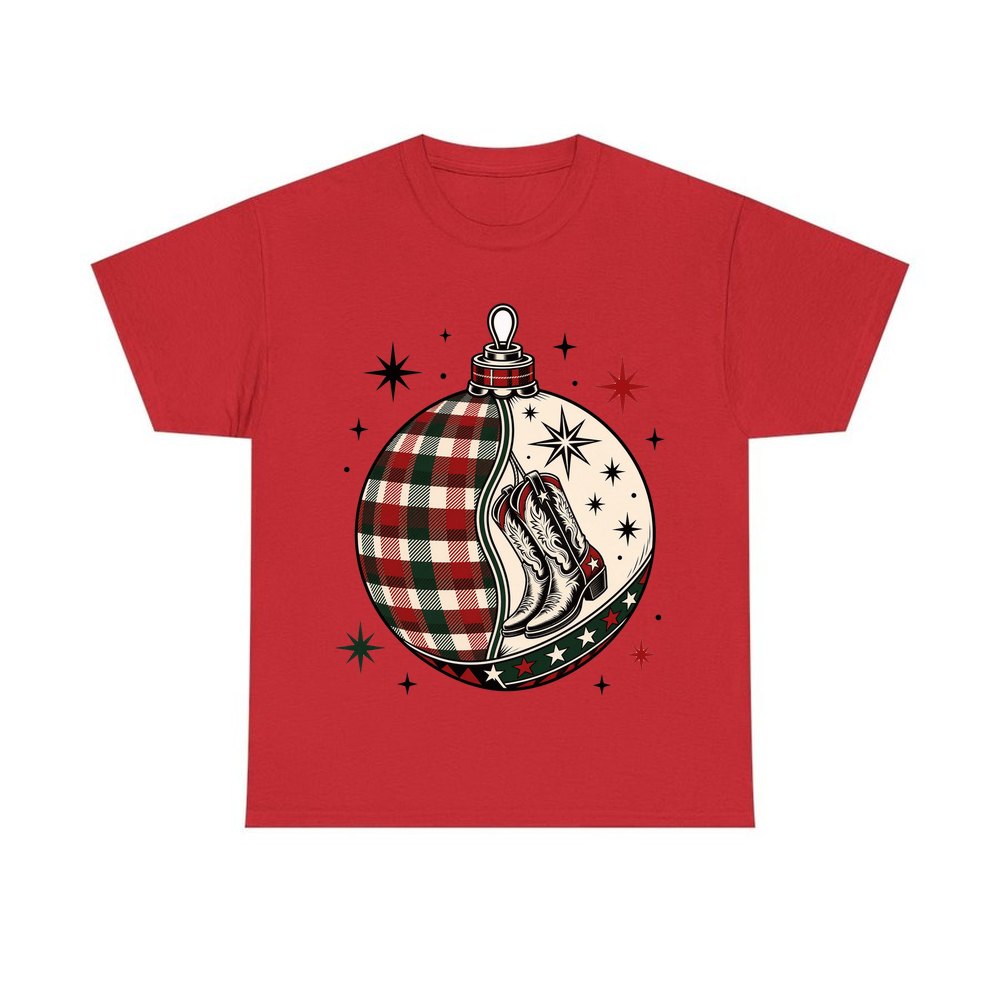 Cowboy Boots Tartan Bauble personalised Christmas T-shirt in red