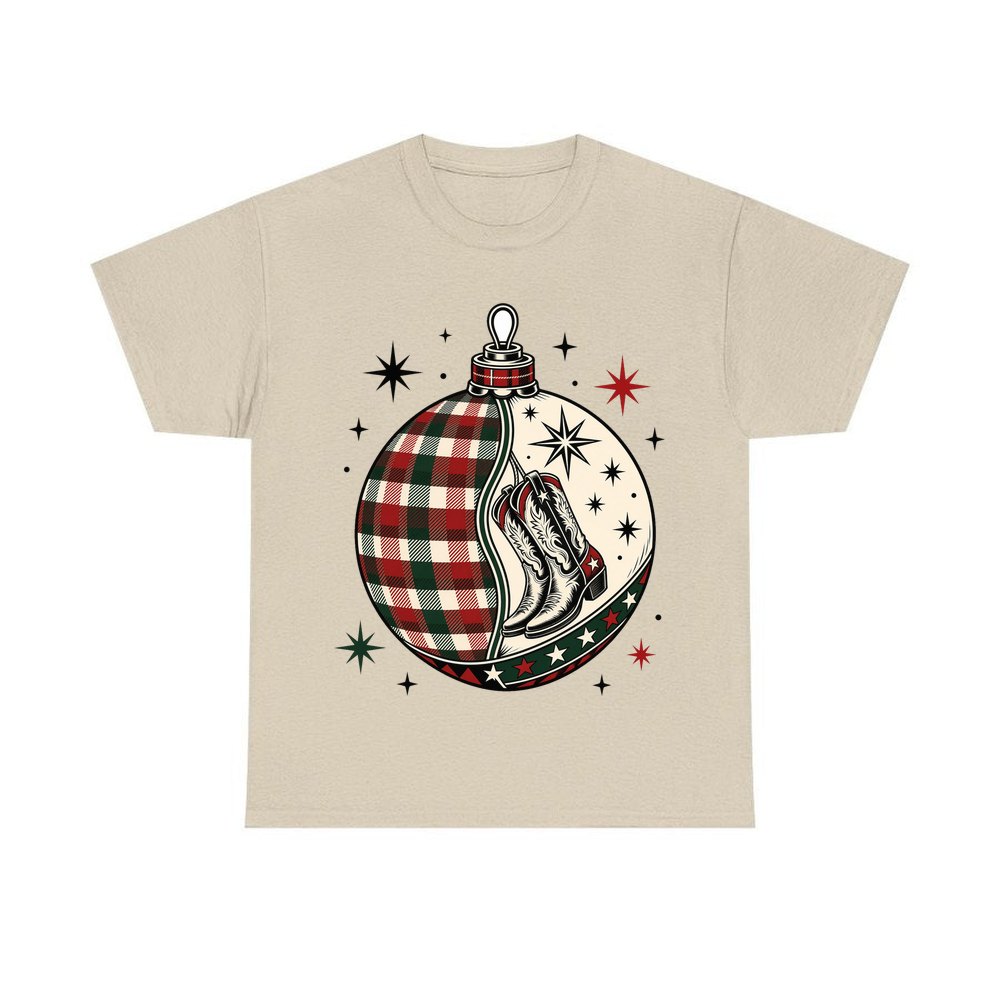 Cowboy Boots Tartan Bauble personalised Christmas T-shirt in sand